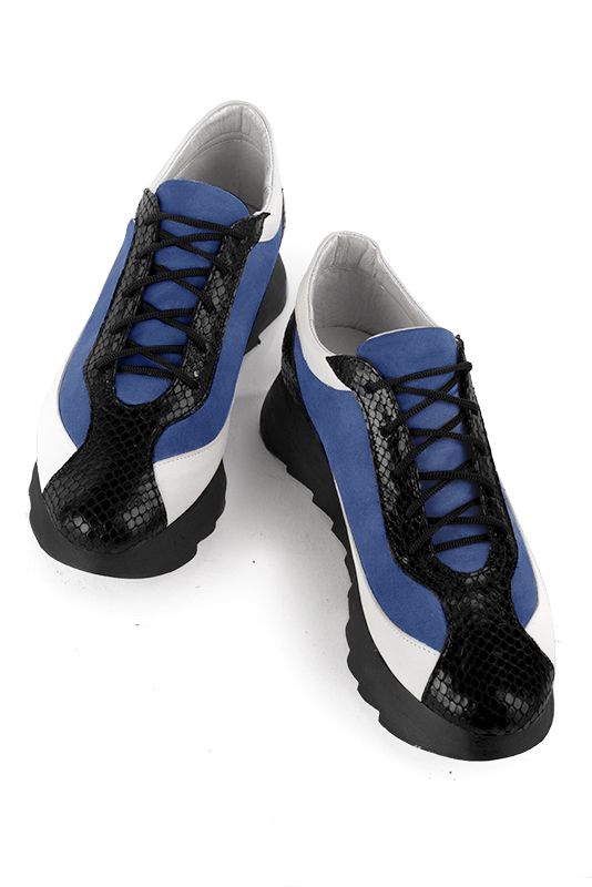 Satin black, electric blue and off white women's elegant sneakers. Round toe. Low rubber soles. Top view - Florence KOOIJMAN